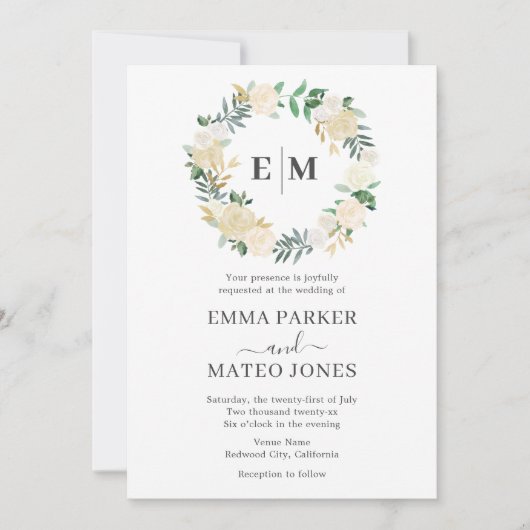 Monogram Greenery Floral Elegant White Wedding Einladung (Vorderseite)