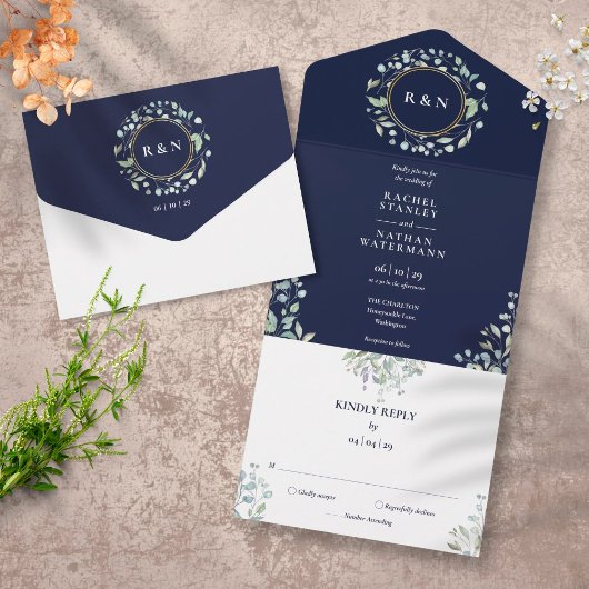 Monogram Greenery Floral Navy Blue Wedding All In One Einladung