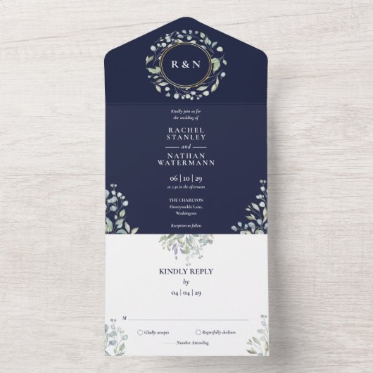 Monogram Greenery Floral Navy Blue Wedding All In One Einladung (Innen Boden)