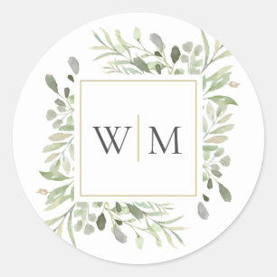 Monogram Greenery Modern Gold Wedding Runder Aufkleber
