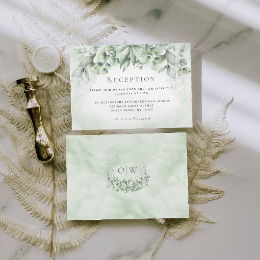 Monogram Greenery Watercolor Hochzeitsempfang Begleitkarte