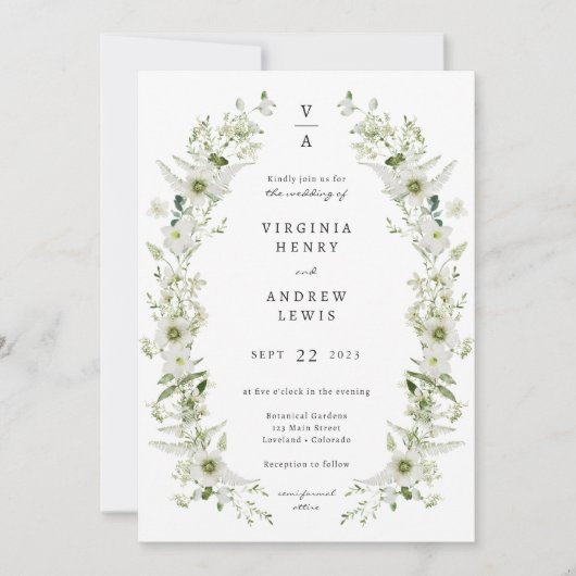 Monogram Greenery Wedding Einladung (Vorderseite)