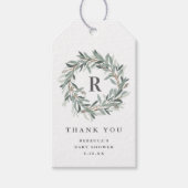 Monogram Greenery Wreath Baby Shower Vielen Dank Geschenkanhänger (Vorderseite)