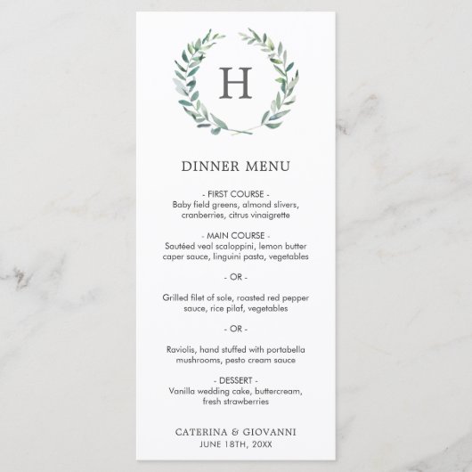 Monogram Greenery Wreath Elegant Wedding Menükarte (Vorderseite)