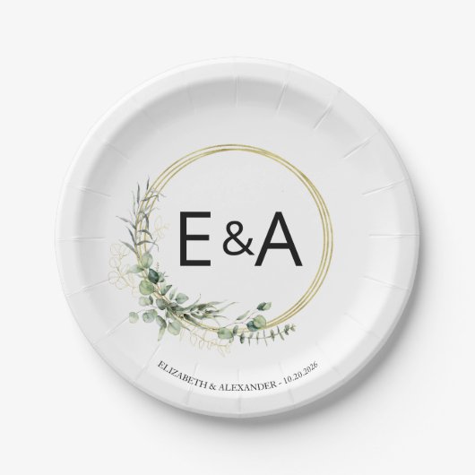 Monogram Greenery Wreaths Wedding Paper Teller (Vorderseite)