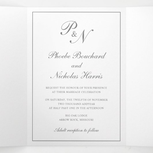 Monogram Grey Formal Foto Traditionelle Hochzeit Dreifach Gefaltete Einladung (Innenseite Mitte)