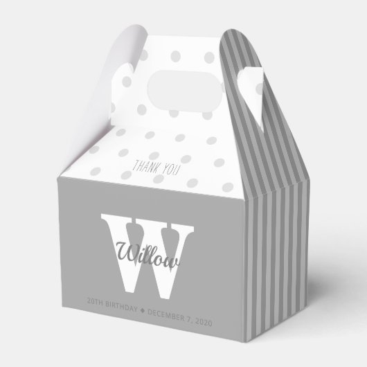 Monogram Grey Polka Dots Stripes Gable Favor Box Geschenkschachtel (Vorderseite)