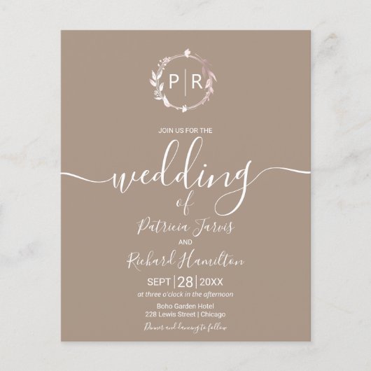 Monogram Grullo Budget Wedding Einladung (Vorderseite)