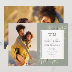 Monogram Grüne Flora Hellgrüne Foto-Hochzeit Einladung