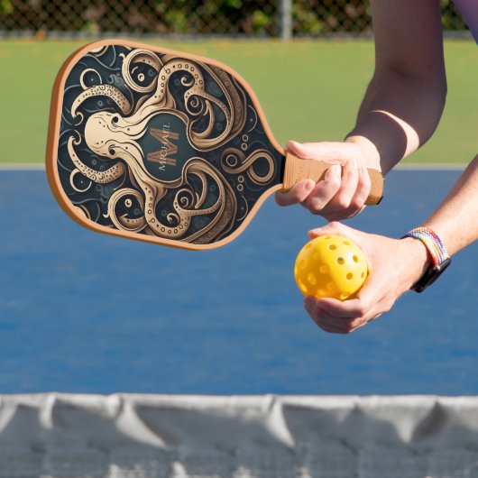 Monogram Grunge Gold Black Personalisiert Octopus Pickleball Schläger (InSitu)