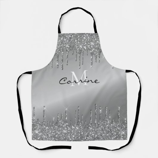 Monogram Gunmetal Dripping Glitzer Metallic Name Schürze (Vorderseite)