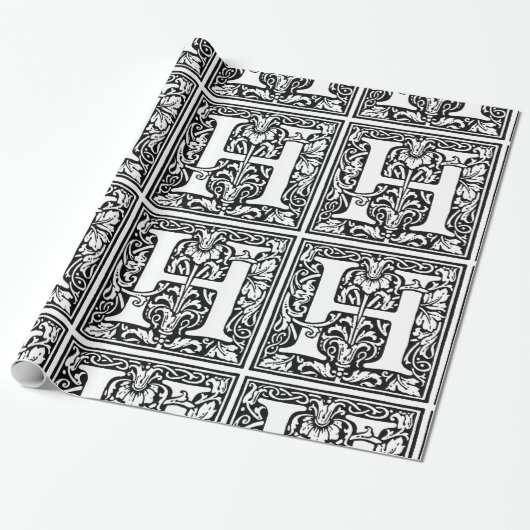 Monogram H Initial Black and White Floral Pattern Geschenkpapier (Ungerollt)