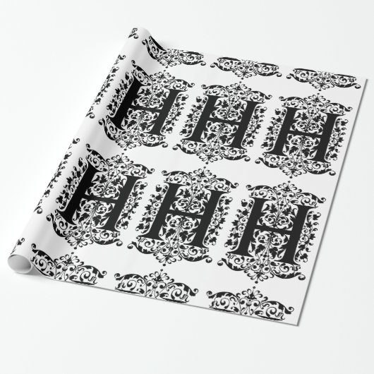 Monogram H Initial Black and White Floral Pattern Geschenkpapier (Ungerollt)