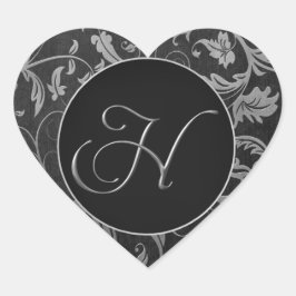 Monogram H Silver and Black Damask Wedding Siegel Herz-Aufkleber