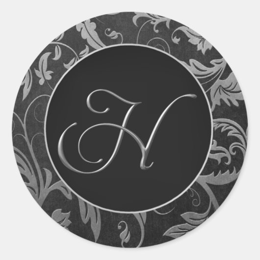 Monogram H Silver and Black Damask Wedding Siegel Runder Aufkleber (Vorderseite)