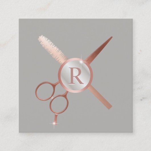 Monogram, Haarstylistin Moderne Rose Gold Grau Sal Quadratische Visitenkarte (Vorderseite)