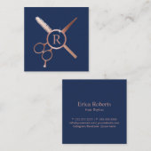 Monogram, Hair Stylist Moderne Rose Gold Navy Blue Quadratische Visitenkarte (Vorne/Hinten)
