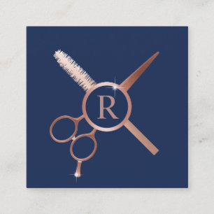 Monogram, Hair Stylist Moderne Rose Gold Navy Blue Quadratische Visitenkarte