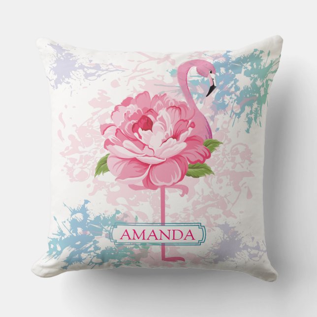 Monogram Handgemalt Flamingo Kissen (Vorderseite)