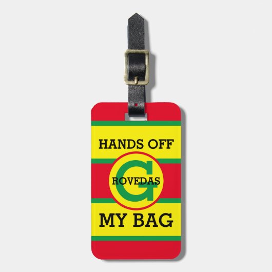 Monogram-Hands von meinem Taschentext auf rot-gelb Gepäckanhänger (Vorderseite vertikal)