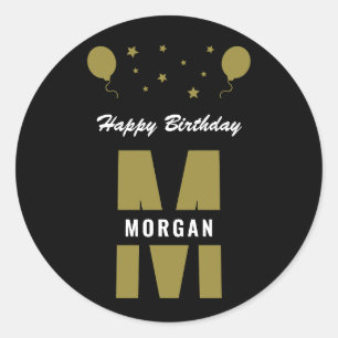 Monogram Happy Birthday any Age Schwarz-weiß Gold Runder Aufkleber
