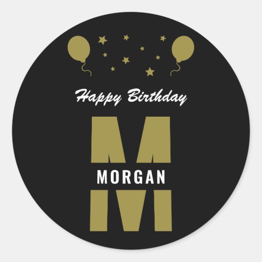 Monogram Happy Birthday any Age Schwarz-weiß Gold Runder Aufkleber (Vorderseite)