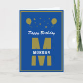 Monogram Happy Birthday jedes Alter Blue White Gol Karte (Vorderseite)