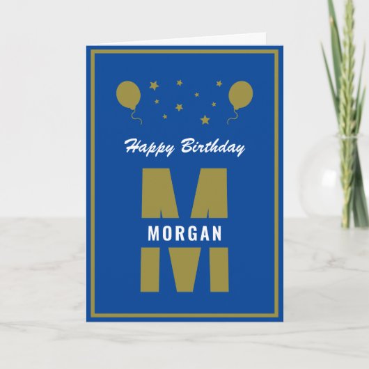 Monogram Happy Birthday jedes Alter Blue White Gol Karte (Vorderseite)
