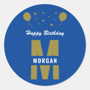 Monogram Happy Birthday jedes Alter Blue White Gol Runder Aufkleber