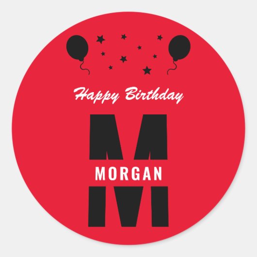 Monogram Happy Birthday Jegliche Altersstufe Rot S Runder Aufkleber (Vorderseite)