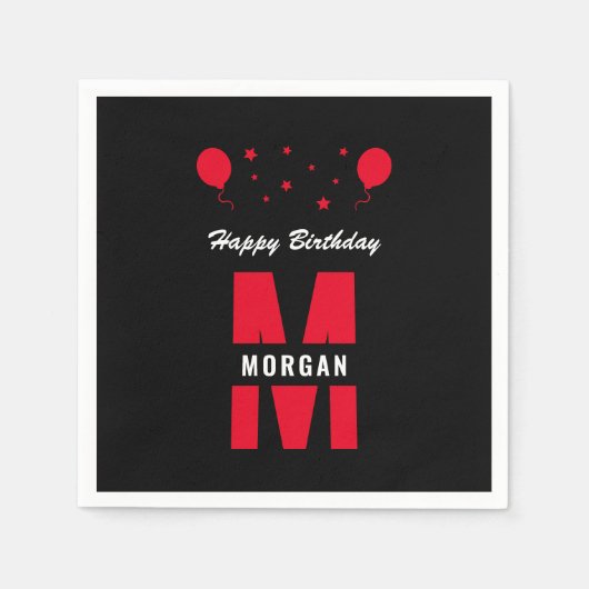 Monogram Happy Birthday Jegliches Alter Schwarz-we Serviette (Vorderseite)