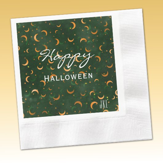 Monogram, Happy Halloween Moons & Stars Cocktail Serviette