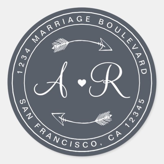 Monogram Heart Arrow Blue Wedding Rücksendeadresse Runder Aufkleber (Vorderseite)