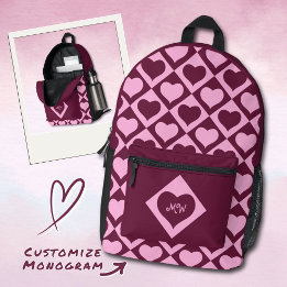 Monogram Heart Checkerboard Pattern Bordeaux Pink Bedruckter Rucksack