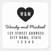 Monogram Heart Modern Couple Wedding Address Quadratischer Aufkleber (Vorderseite)