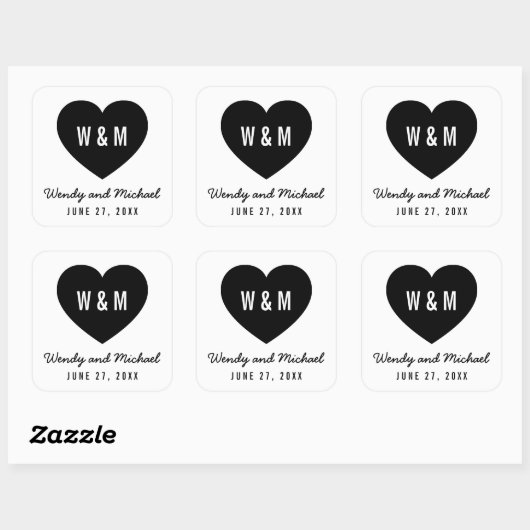 Monogram Heart Modern Save the Date Wedding Quadratischer Aufkleber (Blatt)