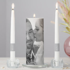 Monogram Heart Script Hochzeit Schwarz-weißes Foto Kerzenset