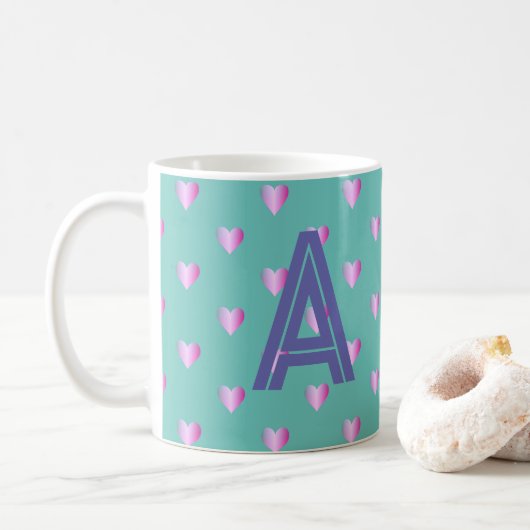 Monogram Hearts Lilac Aquamarin Kaffeetasse (Mit Donut)