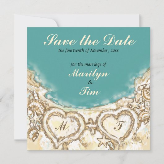 Monogram Hearts on the Beach Save the Date (Vorderseite)