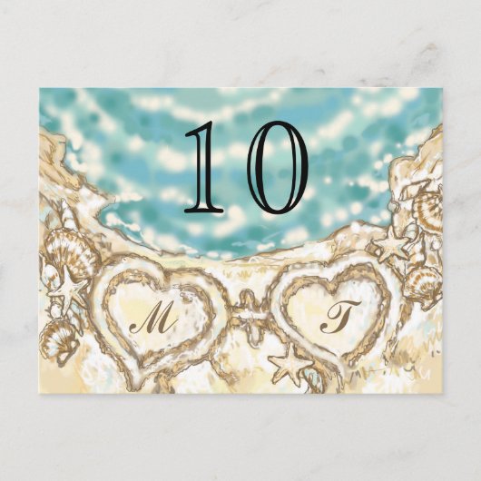 Monogram Hearts on the Beach Table Card Postkarte (Vorderseite)