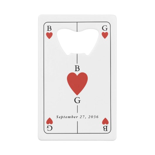 Monogram Hearts Playing Card Wedding Bar Bottle Geldbeutel Flaschenöffner (Vorderseite)