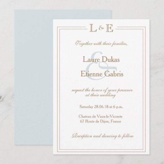 Monogram, hellblaue Ampere und moderne Hochzeit Einladung (Vorne/Hinten)