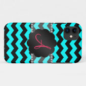 Monogram, helle Aqua und schwarze Chevronen Case-Mate iPhone Hülle (Rückseite (Horizontal))
