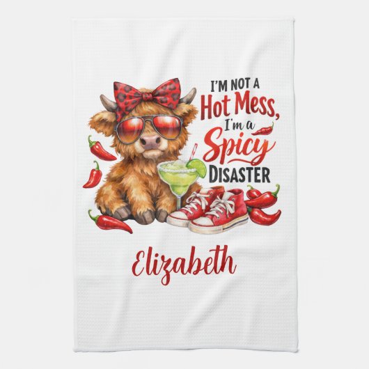 Monogram Highland Cow Hot Mess Funny Humorous Geschirrtuch (Vertikal)