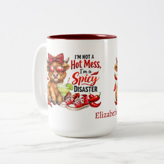 Monogram Highland Cow Hot Mess Funny Humorous  Zweifarbige Tasse