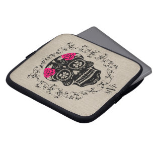 Monogram Hipster Black & Pink Sugar Skull Burlap Laptopschutzhülle