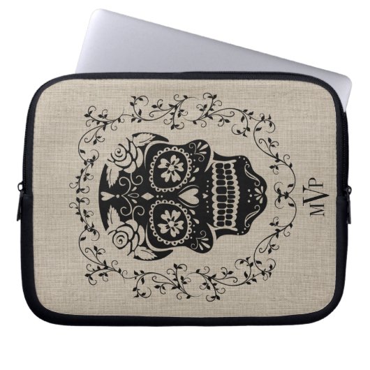 Monogram Hipster Black Sugar Skull Burlap Laptopschutzhülle (Vorderseite)