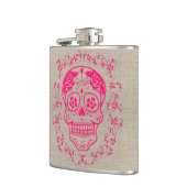 Monogram Hipster Hot Pink Sugar Skull auf Burlap Flachmann (Links)