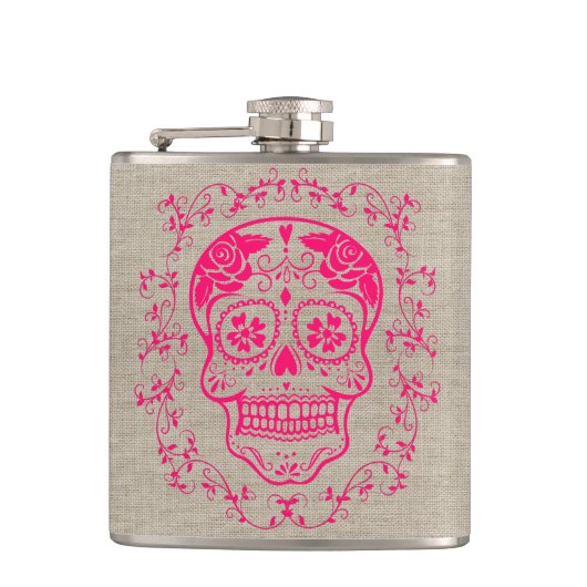 Monogram Hipster Hot Pink Sugar Skull auf Burlap Flachmann (Vorderseite)