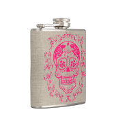 Monogram Hipster Hot Pink Sugar Skull auf Burlap Flachmann (Rechts)